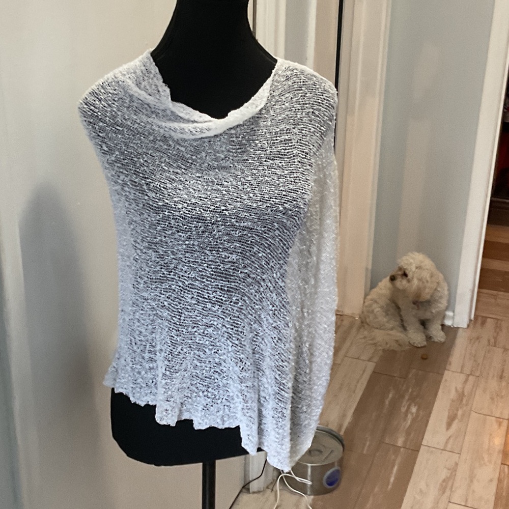 P498. White (Ivory) Open-Knit Lightweight Poncho Sweater